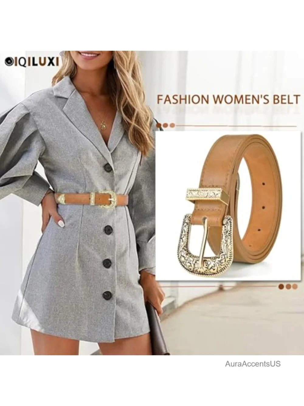 Western Cowgirl Belt PU Leather Engraved Buckle 1.2